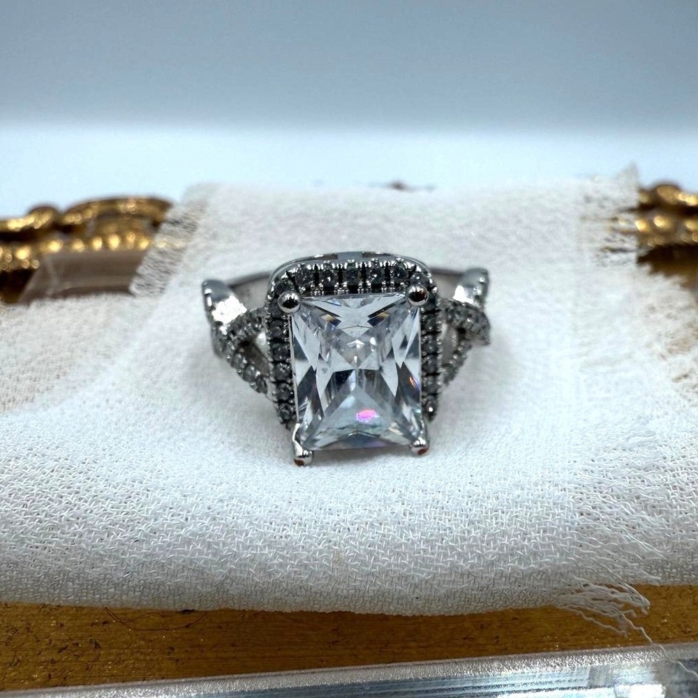 Emerald Cut Halo Infinity Band Ring Silver Tone Size 6.5